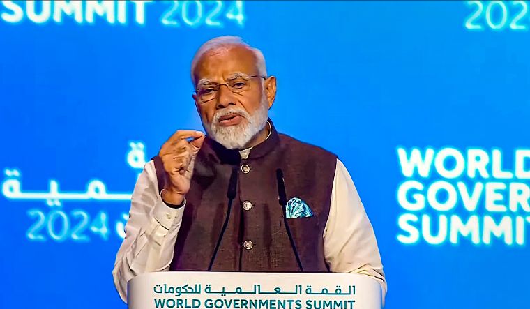 Prime Minister Narendra Modi addresses during the World Government Summit, in Dubai, UAE, on February 14, 2024